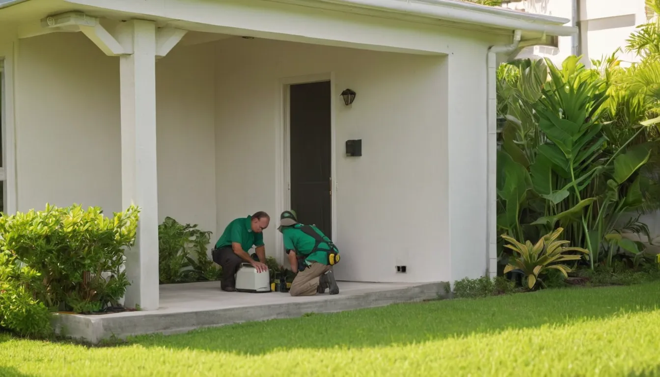 A friendly pest control provider inspecting a doorway of a single-story home in Miami